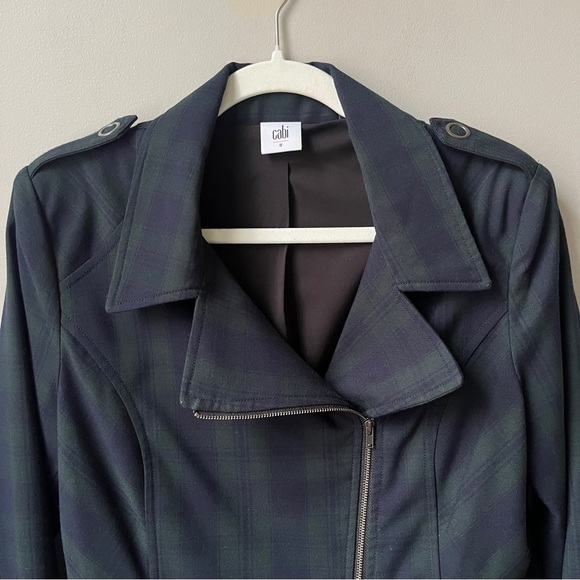 Cabi Moto Jacket‎ Blazer Women's 8 Plaid Navy Blue Hunter Green Preppy Office - Picture 5 of 12